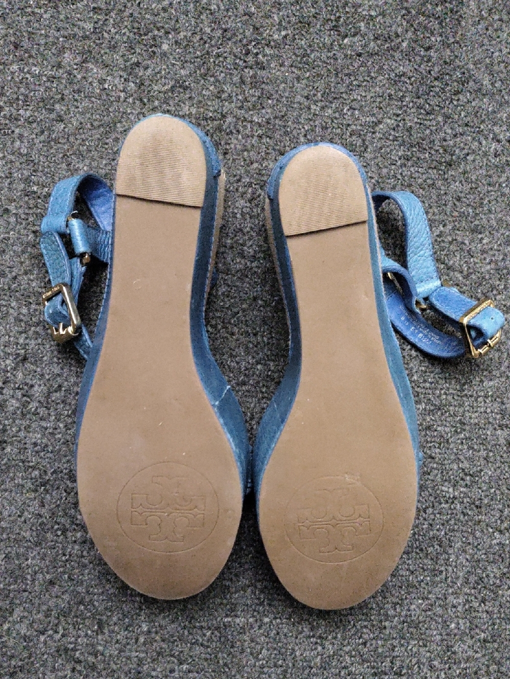 Tory Burch Blue Leather Wedge Sandals with Natural Raffia Accent - Picture 10 of 10